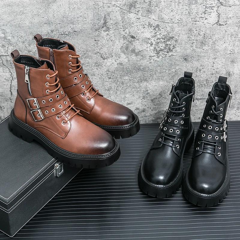 New Black Motorcycle Boots for Men Brown  Lace-up  Round Toe Platform Short Boots Western Boots  Size 38-45