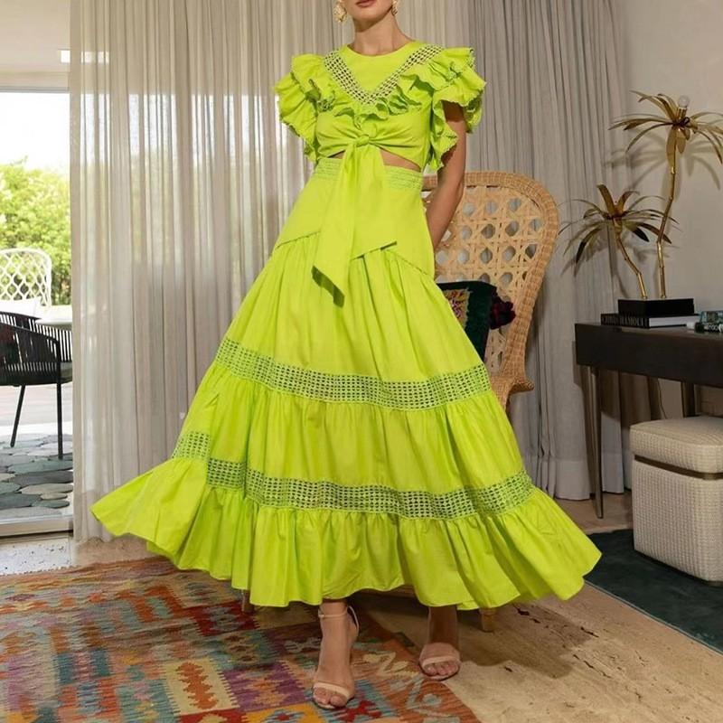 2056 Feifei Sleeves Lace Slim Short Top Bow + Skirt Two-piece Suit Women