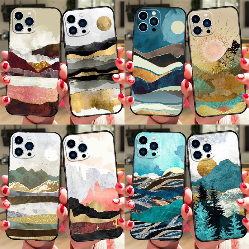 Gold Landscape painting Phone Case For iPhone 17 Air 16 15 14 11 12 13 Pro Max 12 13 mini 15 16 Plus 16e Cover Coque