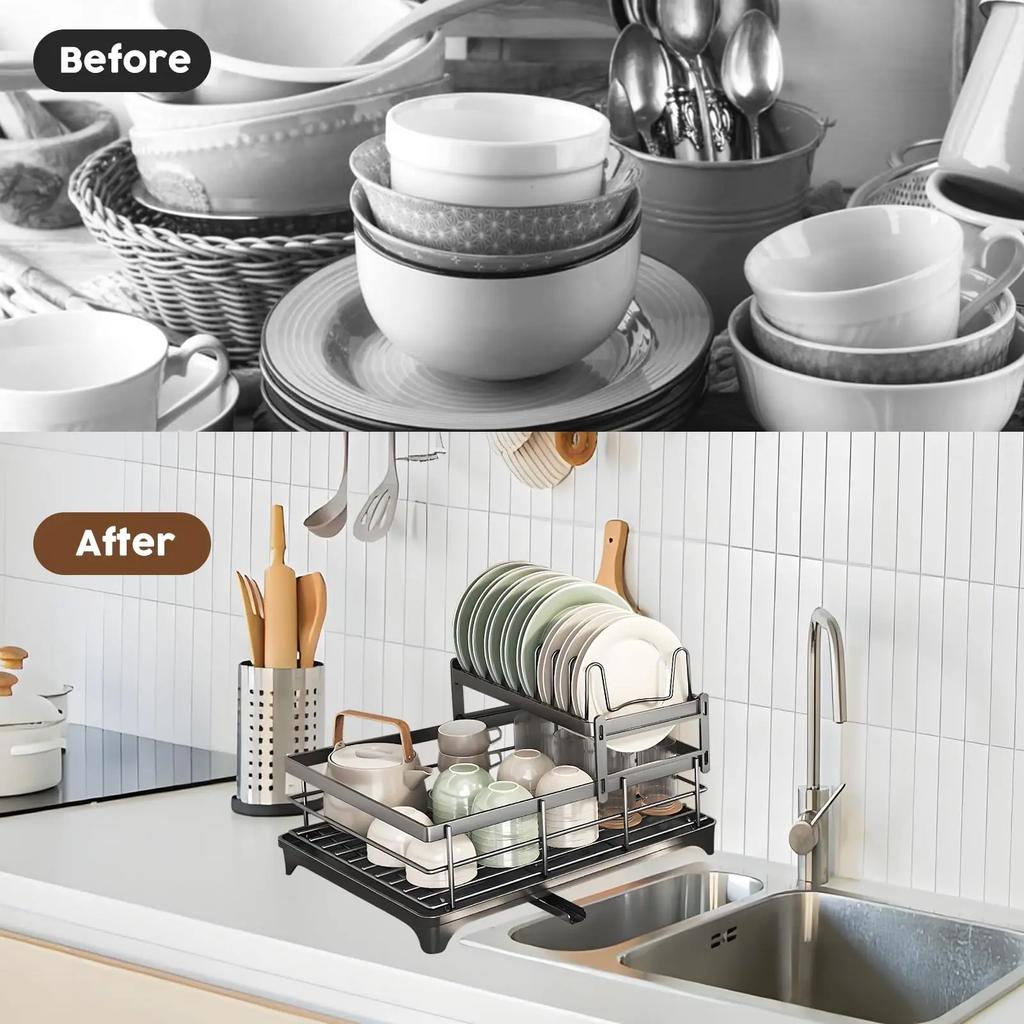 2-Tier Dish Drying Rack With Drainer Anti-Rust Kitchen Counter Tableware Drainboard Storage Organizer Supplies For Dishes