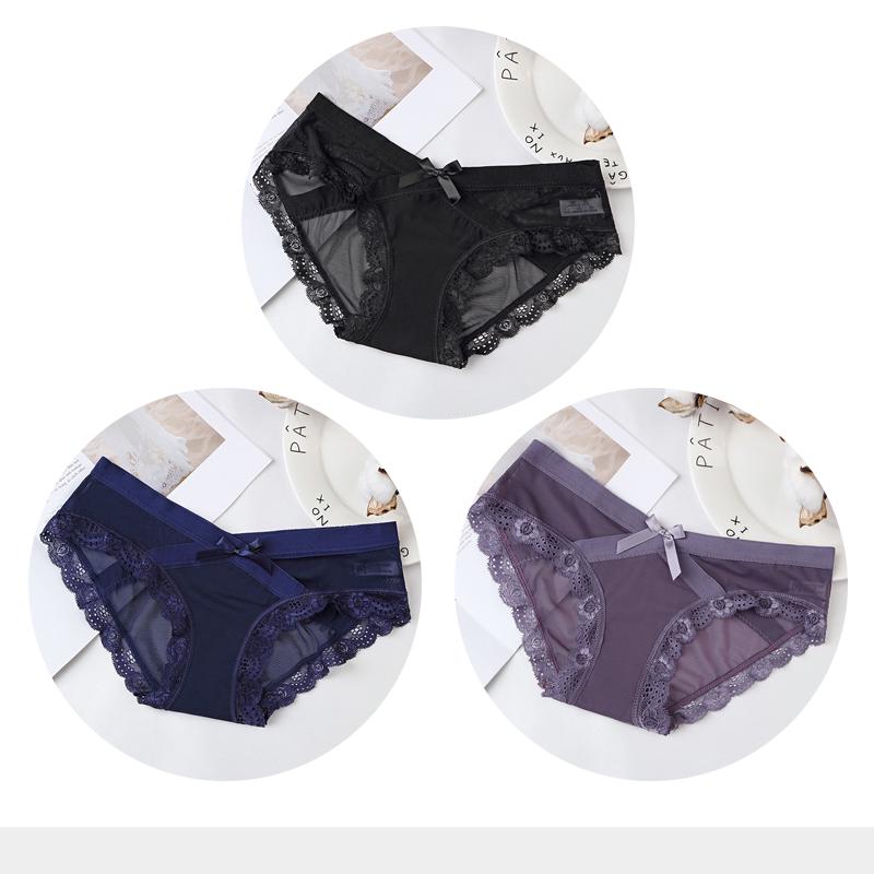 Women's Sexy Panties Transparent Mesh Breathable Briefs Underwear Low-Rise Bow Floral Panty for Lady Girl 3 Pcs/set