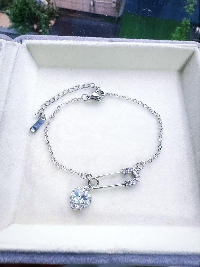 Women's Zircon Safety Pin Heart Pendant Necklace - Luxury Titanium Steel Chain