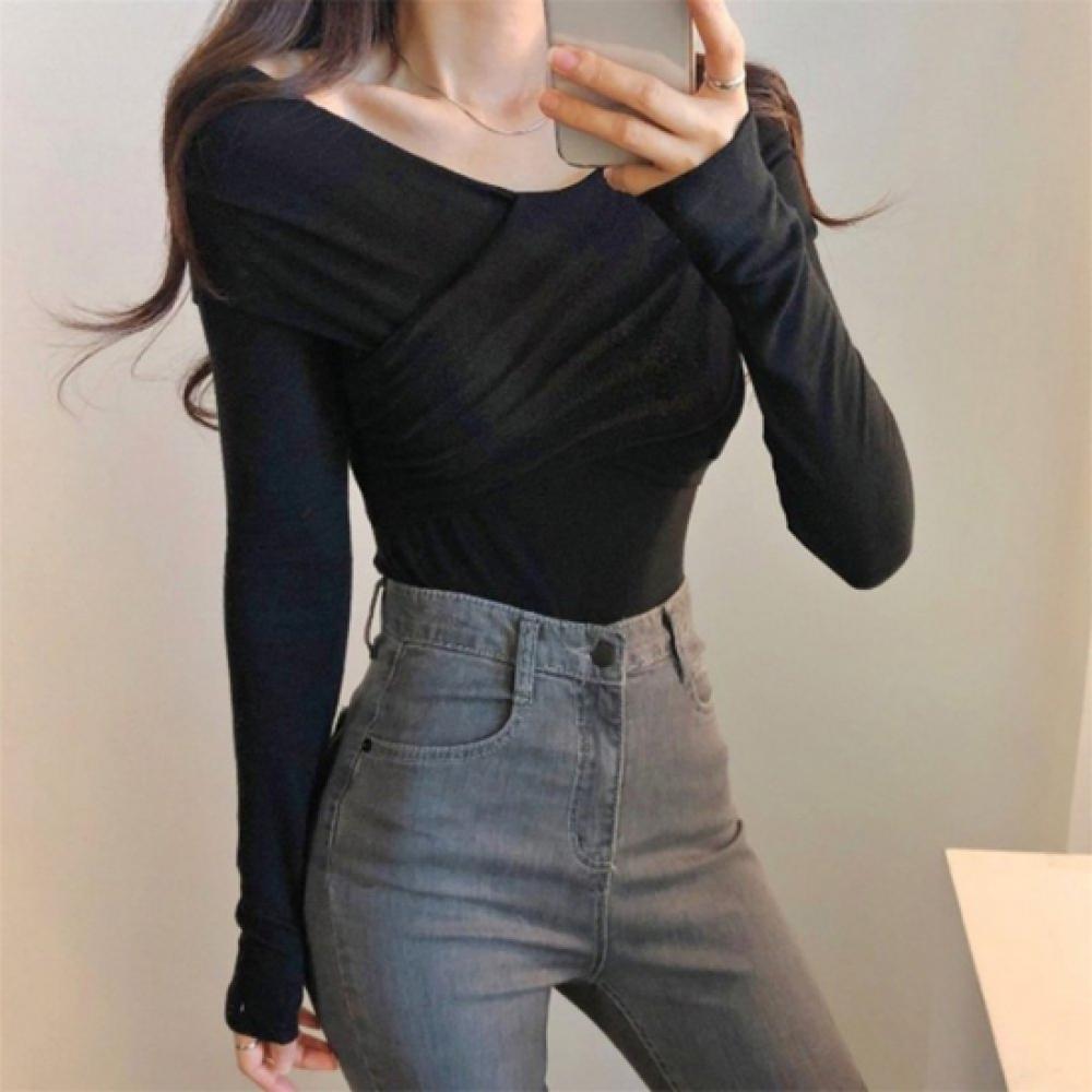 New ArrivalS Open Run Women S Off Shoulder croSS Slim FiT Long Sleeve T ShirT