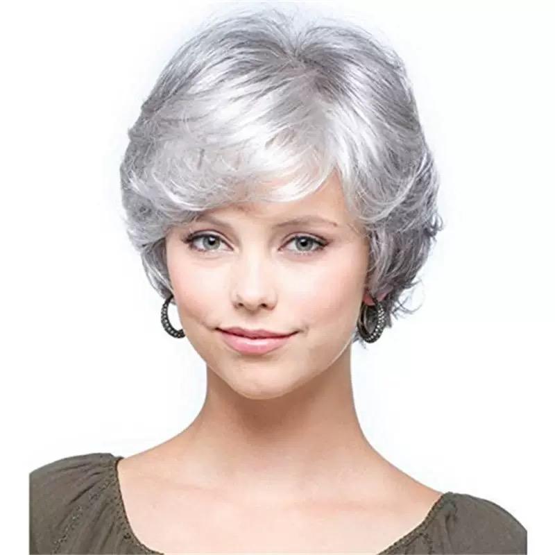 

Women s Short Curly Wig, Silver Synthetic Hairpiece for Elderly Ladies срібний