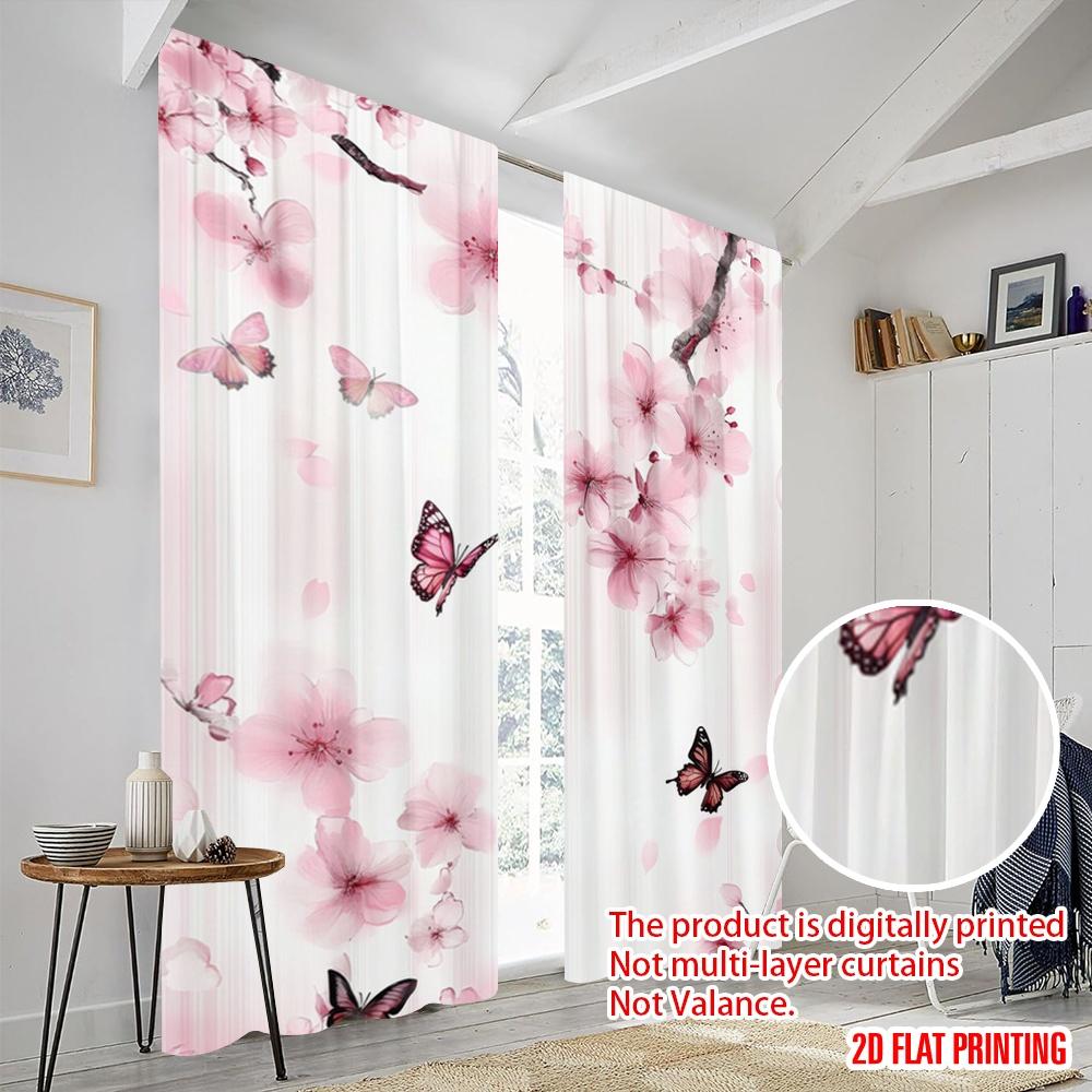 2pcs,2D plane printing Curtains&Window Treatment Butterfly Blossoms Durable 100% Polyester Fabric (without rod) All Seasons Use