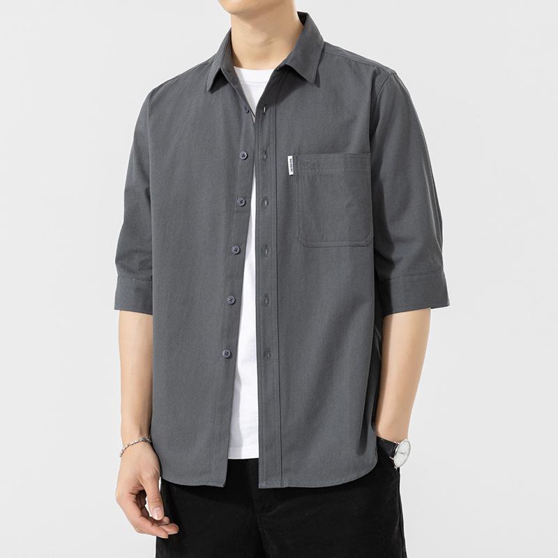 Reines Baumwoll-Kurzarmhemd für Herren, bügelfrei, Dreiviertelarm, gewaschene Hemdjacke, lässiges, vielseitiges Oberteil