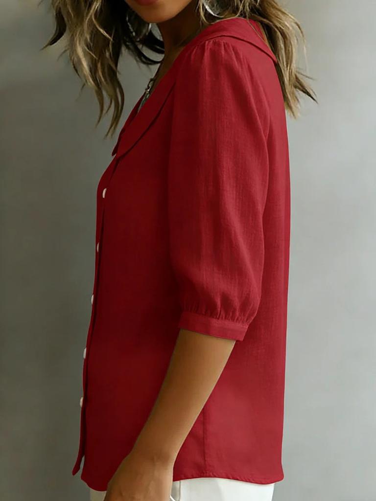 Trendy Linen Button-Down Shirt for Women - Short Sleeve Loose V-Neck Summer