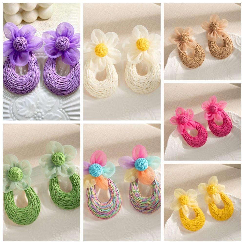 U-shaped Straw Weave Earrings Sweet Beach Drop Earrings Mesh Flower Earrings  Girls Gift