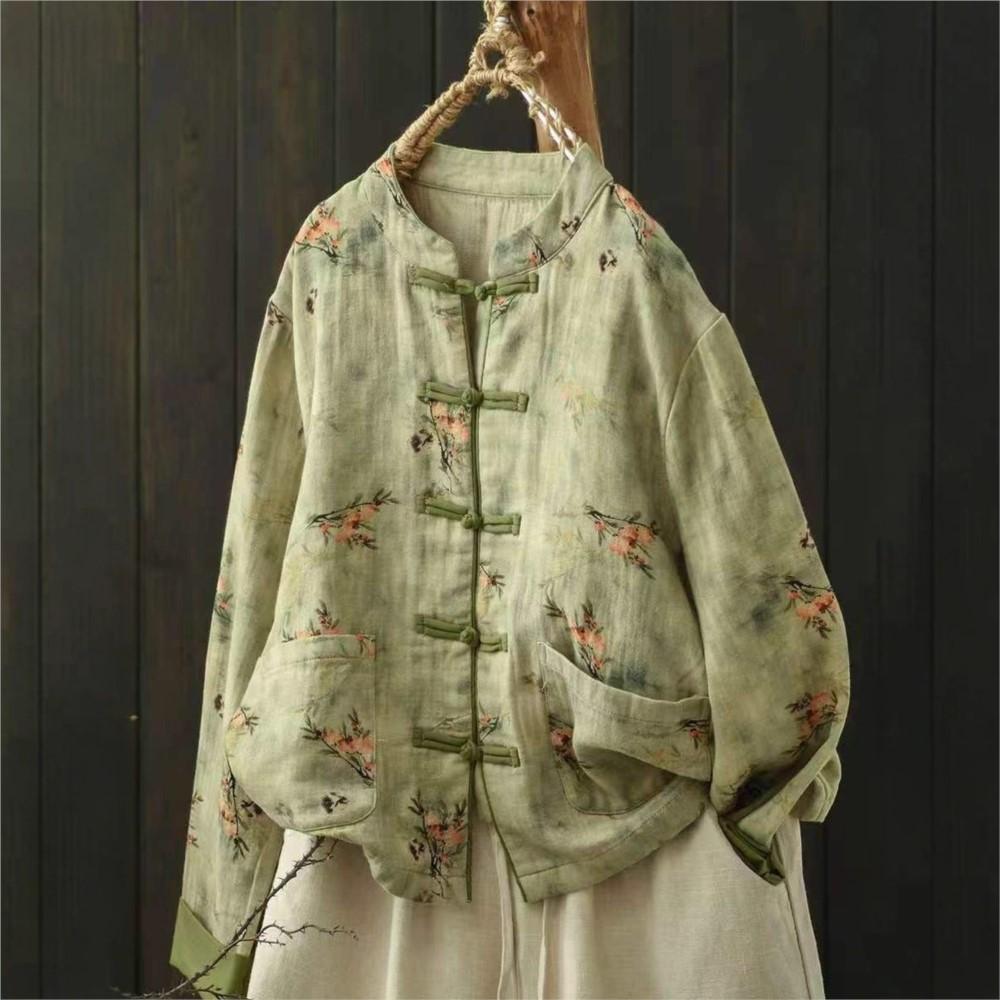 Johnature Women Vintage Print Floral Jackets Stand Long Sleeve Autumn Coats Loose Patchwork Pockets Chinese Style Jackets