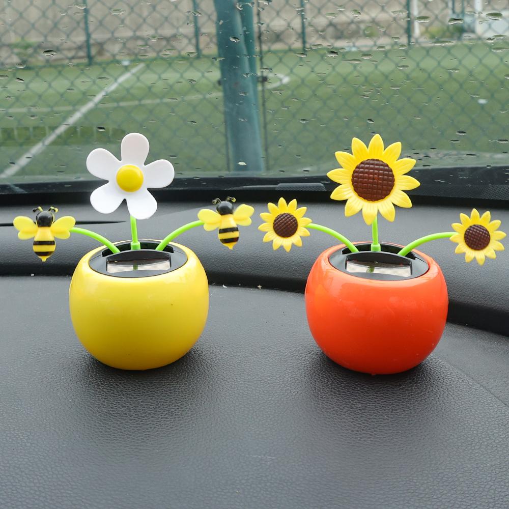 Car Ornament Solar Powered Dancing Shaking Head Cartoon Sun Flower Pot Automobile Auto Dashboard Decoration Cute Car Accessories