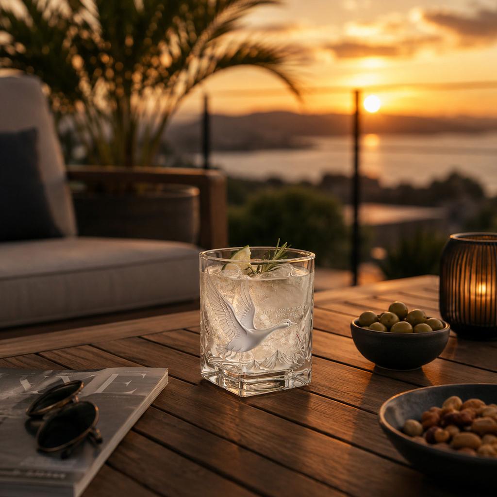 Square Glass Tumbler with Embossed Flying Swan and Mountain Design 30th Anniversary Edition Whiskey Water Juice Glass Cup