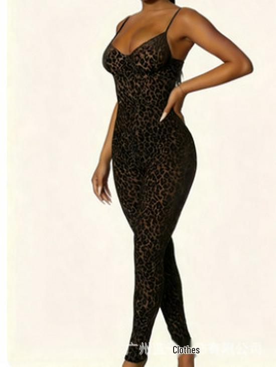 Dámský overal s leopardím potiskem, výstřihem a ramínky, velikost Plus Size - Evropský a Americký styl Dámská móda.