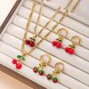 Stainless Steel Necklace Drip Red Oil Cherry Earrings Cute Sweet Plated 18k Gold Titanium Steel Jewelry Set
