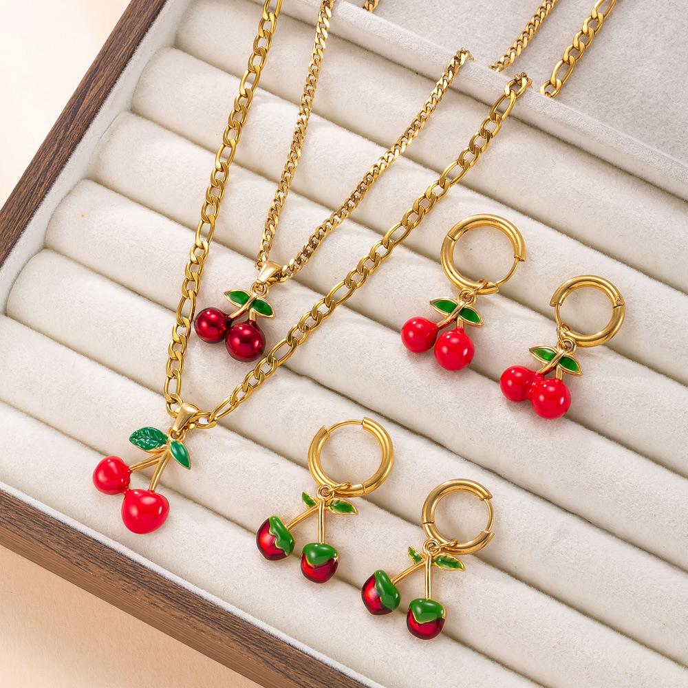 Stainless Steel Necklace Drip Red Oil Cherry Earrings Cute Sweet Plated 18k Gold Titanium Steel Jewelry Set