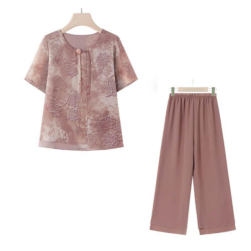 Summer 2025 Chiffon T-shirt & Blouse Set for Middle-Aged & Elderly Women - Fashionable Short-Sleeve Two-Piece