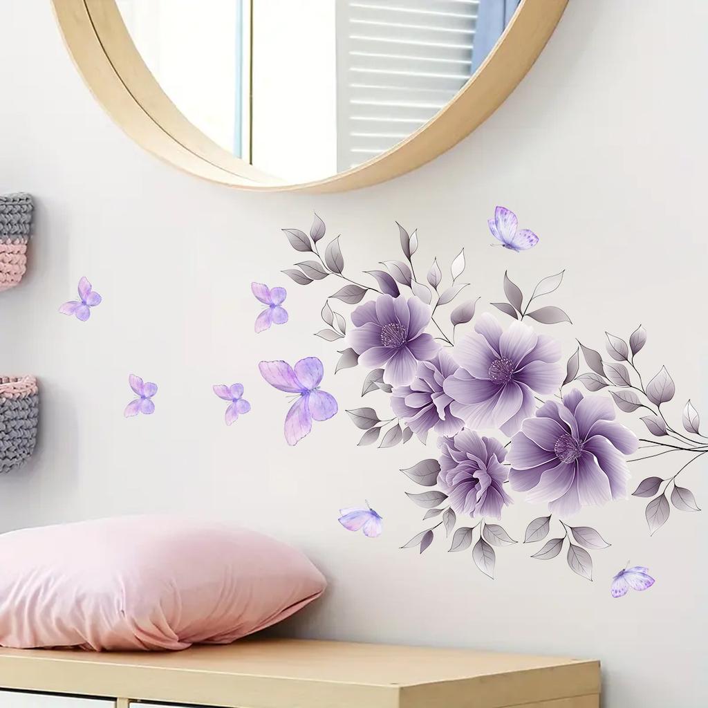Aesthetic Purple Floral Butterfly Wall Stickers, French Countryside Self-Adhesive Decor for Room Background Wall Decoration