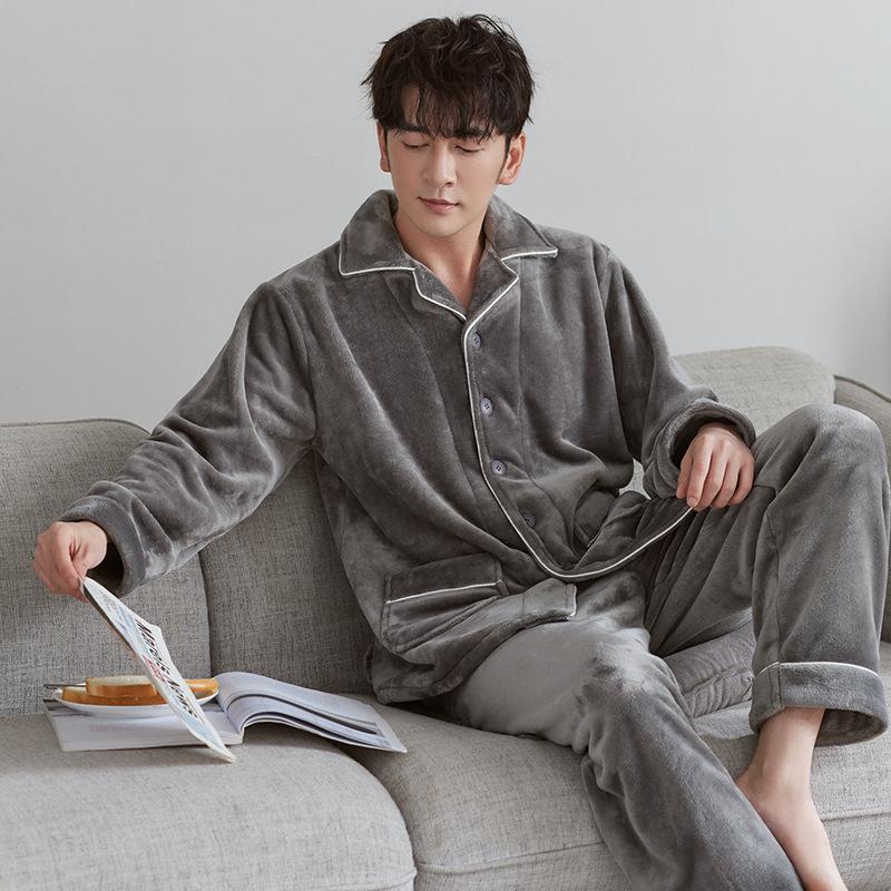 Pajamas Men'S Autumn And Winter Coral Fleece Winter Fleece Thickened Flannel Men'S Winter Warm Homewear Set