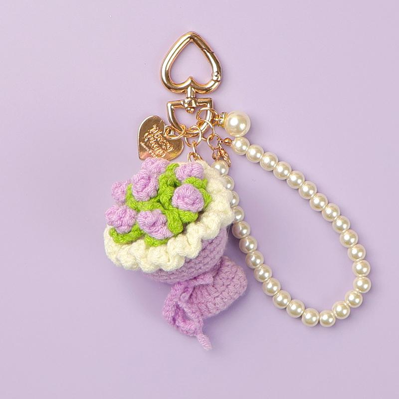 1Pcs Cute Sweet Multi Colored Yarn Knitting Hand-Held Flower Pendant Ornaments Charm Car Key Ring Backpack Decor for Girls Gift