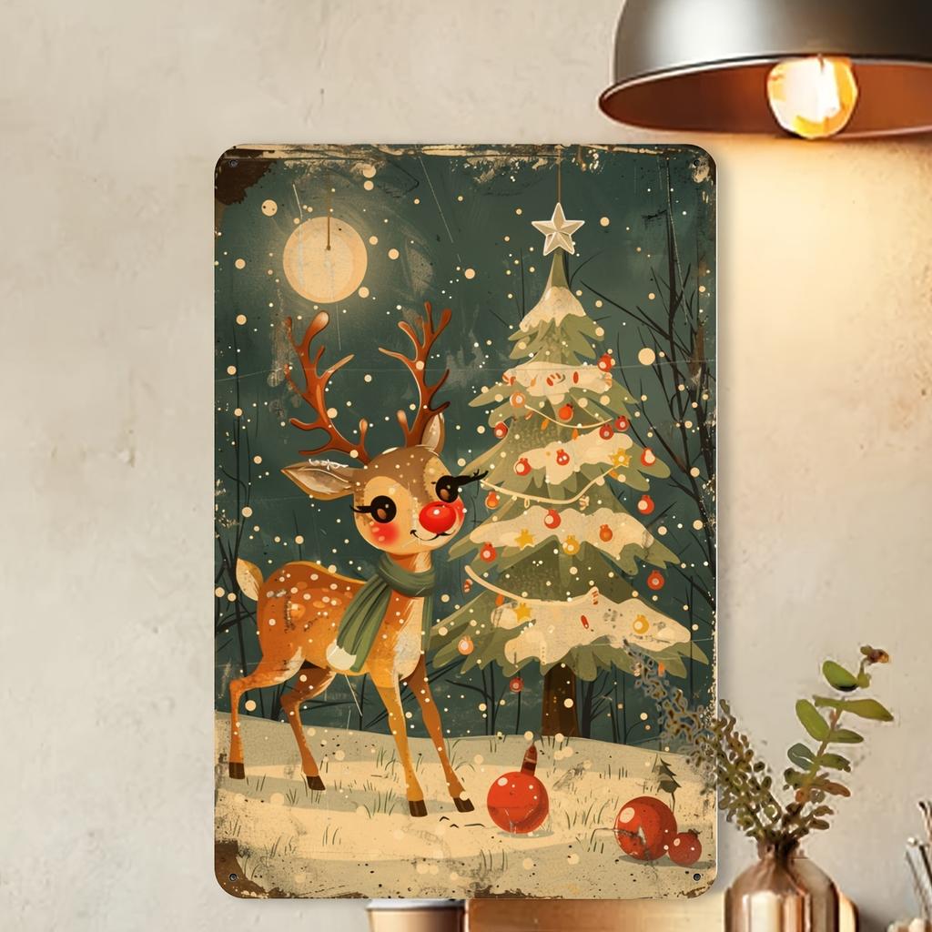 Fawn Vintage Metal Tin Sign, Christmas Indoor Outdoor Decoration Hanging Tin Painting, Wall Room Residential Bedroom Office