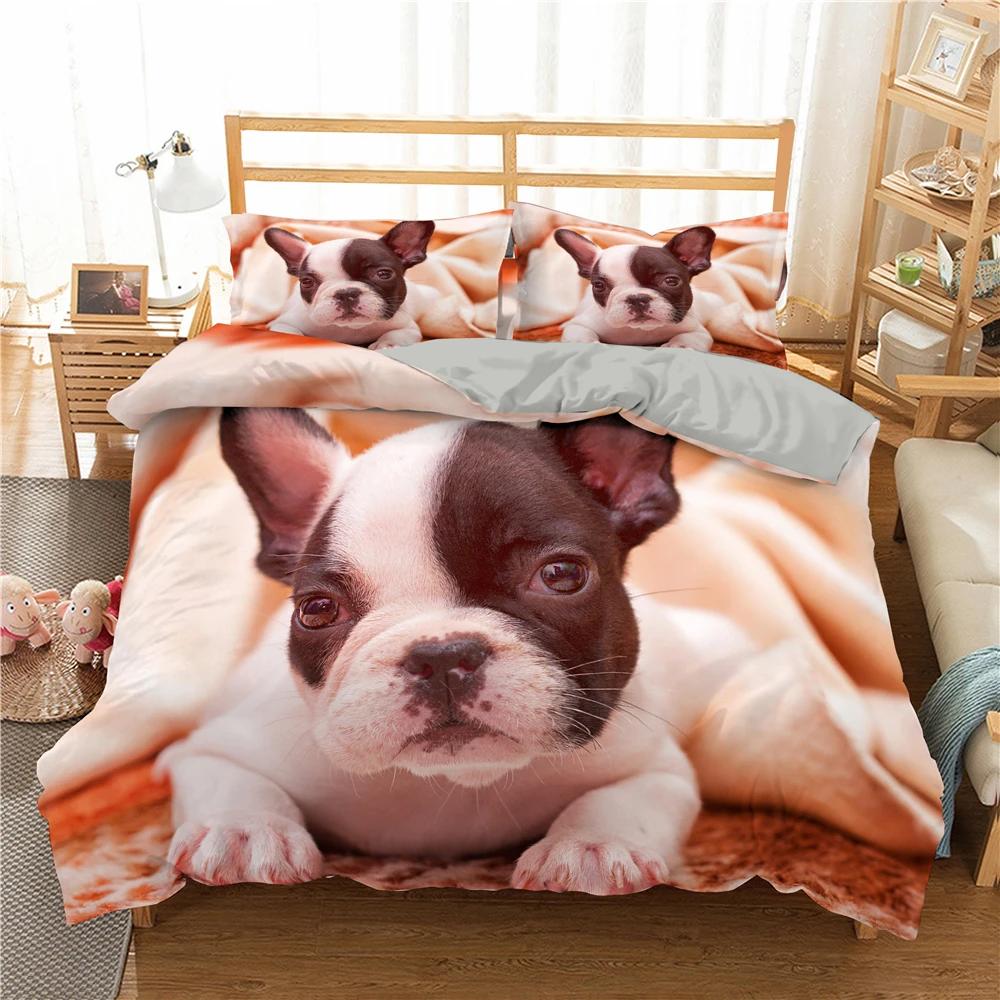 Bulldog Bettwäsche-Set Haustier Welpe Hund Bettbezug Cartoon Tierdruck Bettdeckenbezug King Queen 2/3-teilig Polyester Steppdeckenbezug