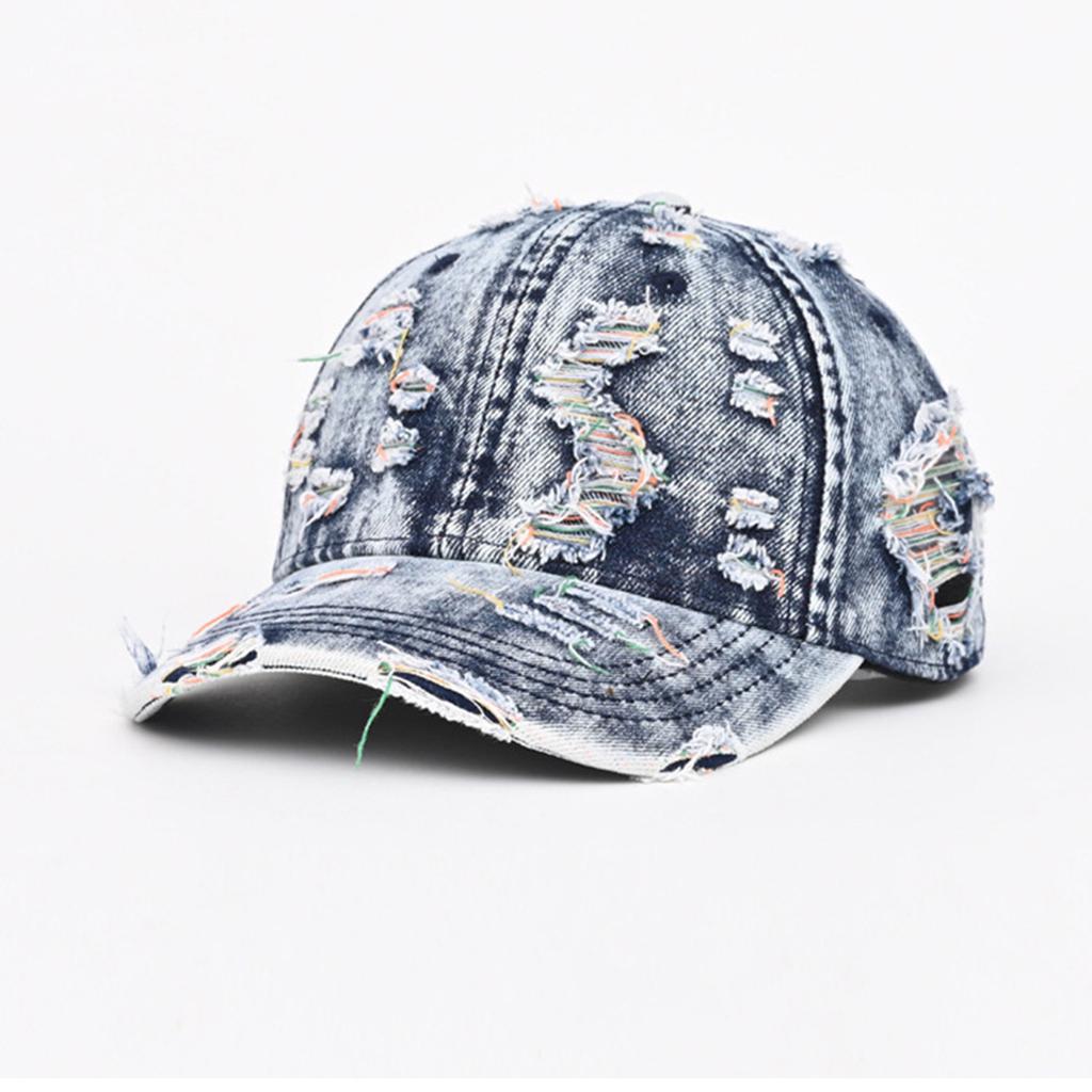 Distressed Denim Baseball Cap with Torn Detailing and Adjustable Strap for Casual Unisex Use Outdoor Activities