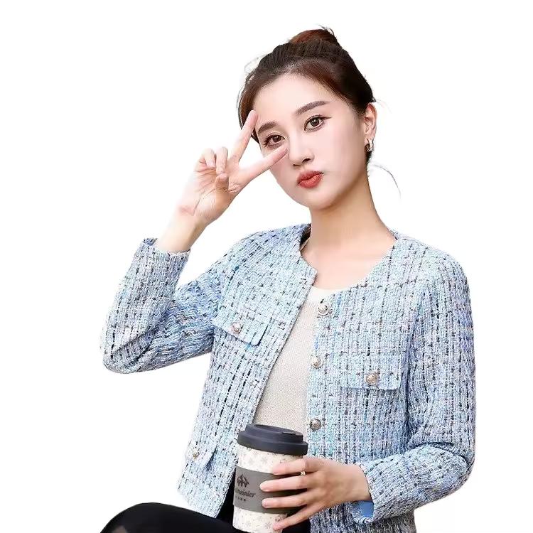 

Повседневная женская корейская милая твидовая куртка Модная простая куртка с длинным рукавом Элегантная приталенная женская шикарная модель с круглым вырезом Открытая вязка Верхняя одежда S синий