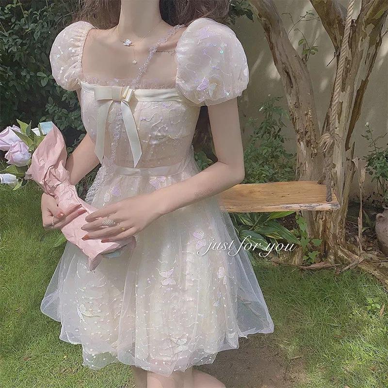 2026 Bow Bubble Sleeve Princess Dress French Super Immortal Mori Square Neck Temperament Waist Mesh Fairy Dress S