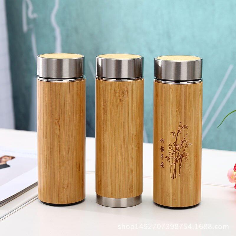 Double Wall Bamboo Insulated Thermos Vacuum Flask Coffee Mug Stainless Steel 15oz Bamboo Flask Tea Mug