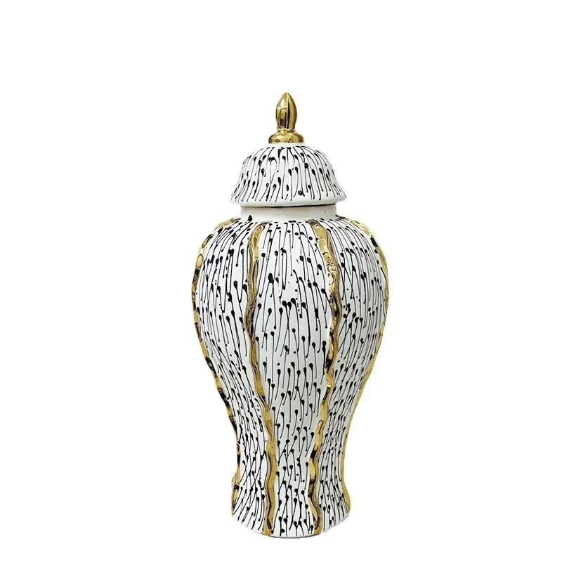 

Ceramic Checkmate Jar Ginger Jar Porcelain Handicraft Flower Vase Storage Tank Gold Border Geometric Spot Vase Home Decoration 16x16x31cm