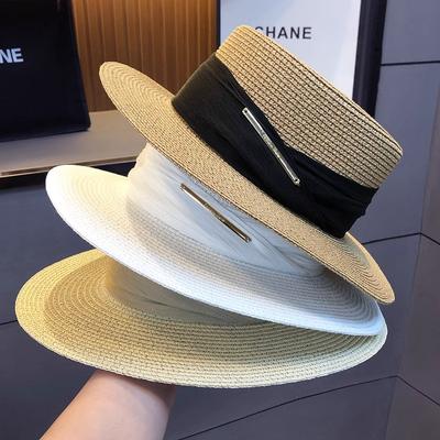 Fashion British Flat Top Straw Hat Women's Summer Flat Brim Top Hat Seaside Sunshade Beach Hat Sun Protection