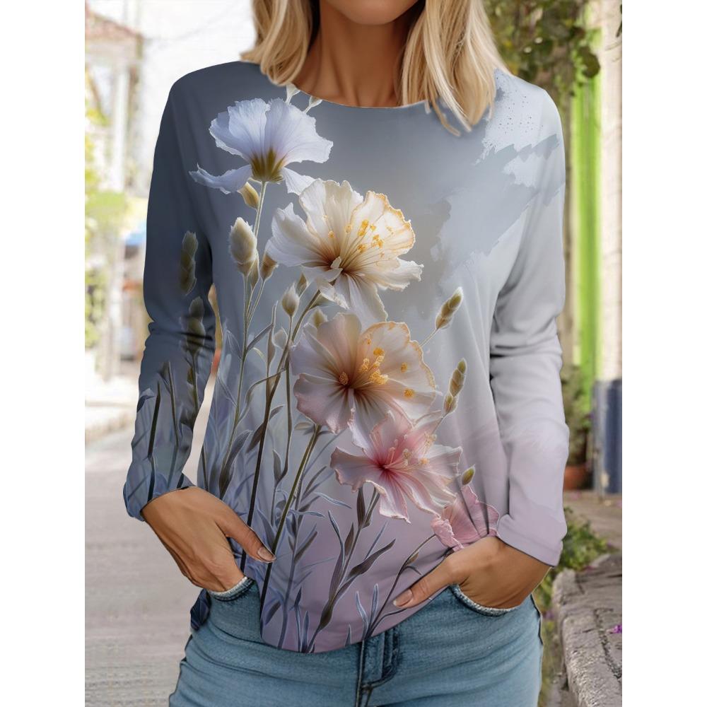 Women's 3D printed flower T-shirt, fashionable long sleeved round neck regular top, holiday weekend blue spring and autumn outfit