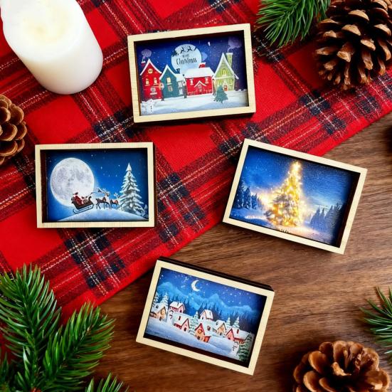 Mini Framed Christmas Pictures Wooden Xmas Scenes Decorations Miniature Framed Christmas Ornaments for Festive Decor DIY Craft