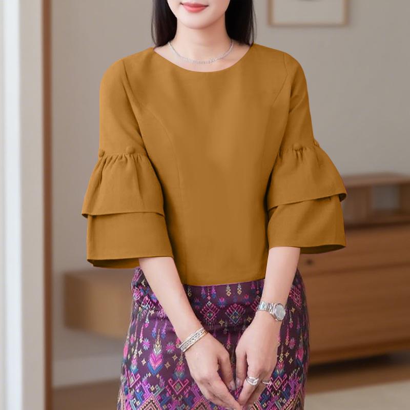 

ZANZEA Женская повседневная блузка с круглым вырезом и рукавом 3/4 5XL хаки