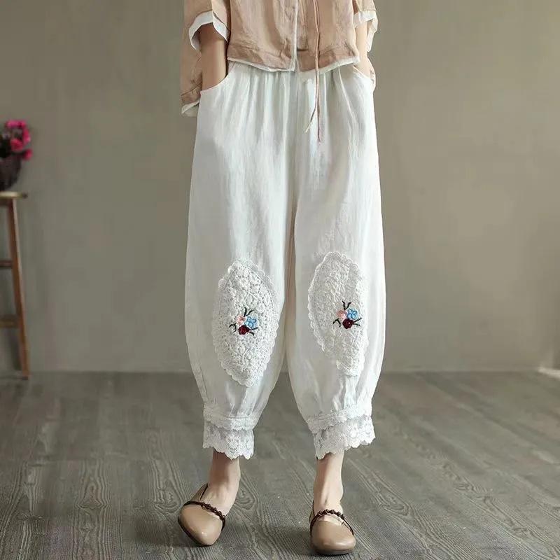 Vintage Cotton Linen Pants Women Summer Pockets Beach Trousers Casual High Waist Loose Harem Pants