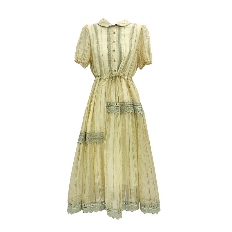 

Ретро длинное платье для работы, приталенное по талии, элегантное платье с кружевом и маленьким лацканом M желто-зеленый