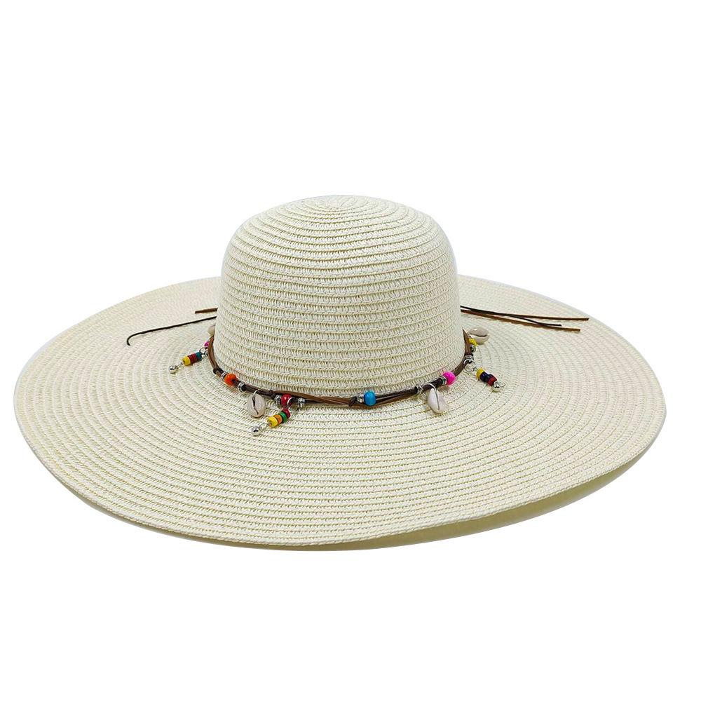 Ladies' Summer Straw Hat 13CM Large Brimmed Beach Hat Sunshade Hat Outdoor Beach Travel Hat Foldable