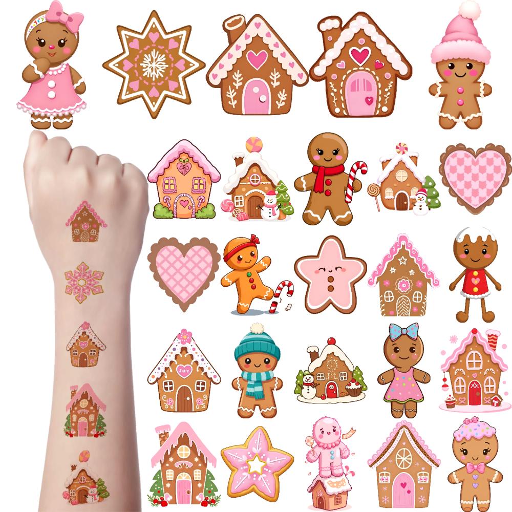 54pcs Temporary Tattoo Gingerbread Man Waterproof Long-lasting Body Stickers Gingerbread Character Gingerbread House Cartoon