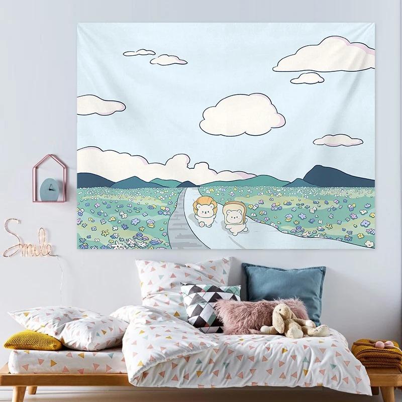 Cute Girly Heart Cartoon Bear Art Hanging Cloth Home Wall Decoration Tapestry Office Living Room Tapestry