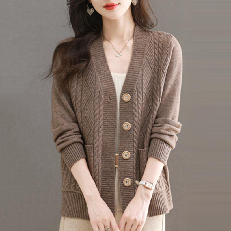 Gestrickter V-Ausschnitt Pullover Damen Oberteil Locker Koreanische Version Modisch Vielseitig Herbst und Winter Kaschmirpullover XXL khaki