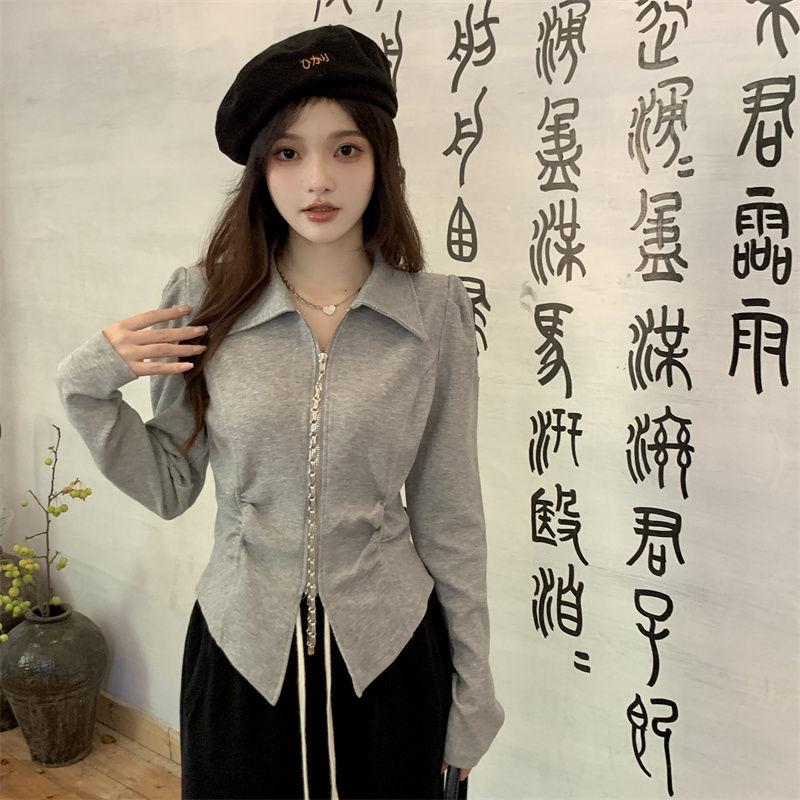 POLO Neck Pleated Slim Top Women's French Solid Casual Irregular Tops Vintage Harajuku Korean Y2k Top Spring and Summer