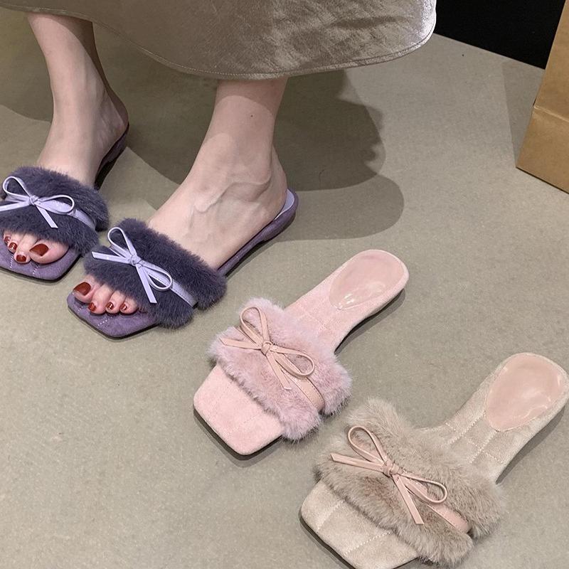 Fashion Autumn Design Furry Women Slippers Fashion Butterfly-knot Open Toe Shoes Ladies Comfort Slides Sandalias ·