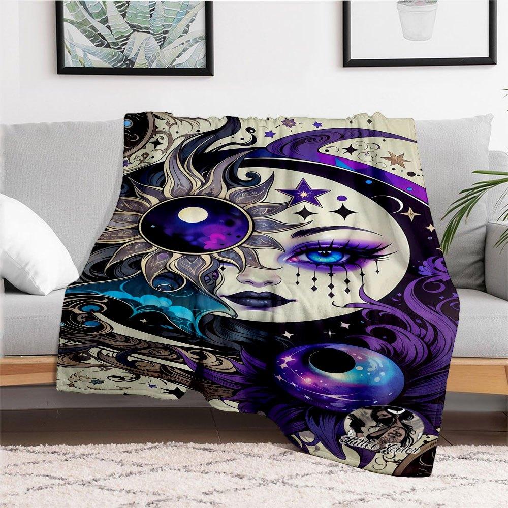 "Galactic Moon Goddess Tattoo Design Art Print"Blanket Flannel Throw Blanket for Sofa, Bed, Travel, Camping, Office