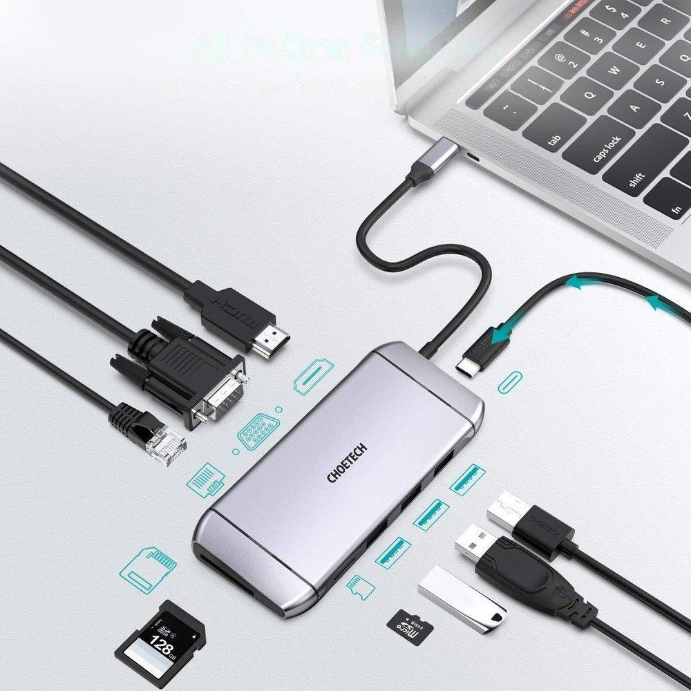 Choetech 9in1 Multifunctional USB Type C HUB - 3x USB 3.2 Gen 1 / SD and TF Card Reader / HDMI 4K 30Hz / VGA Full HD 60Hz / USB Type C / RJ45 Gray (HUB-M1