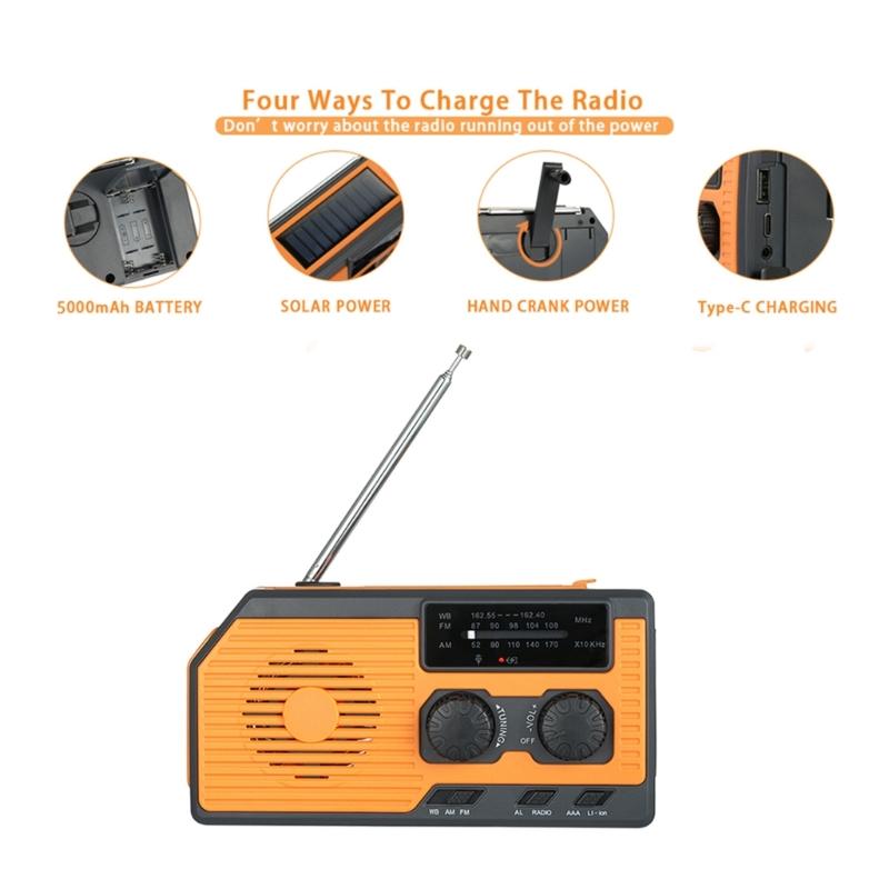 5000mA Weather Radio Solar Hand Crank 4-Way Power  Radio,AM/FM/NOAA Alert Survival Portable Camping Hlight