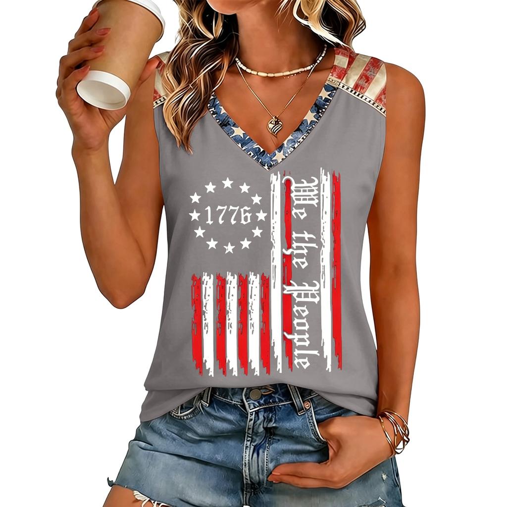 Women Sleeveless V Neck Casual Tank Top Vintage Letter Print Summer Shirt Lightweight Soft Fabric Relaxed Fit