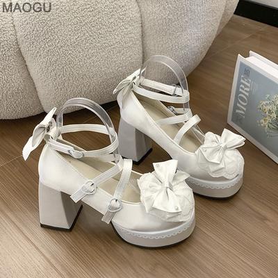 Beige Lolita Shoes Platform Chunky Heels Kawaii Sweet High Heel Pumps Round Toe Lace Bowknots Mary Jane Shoes Zapatos De Mujer