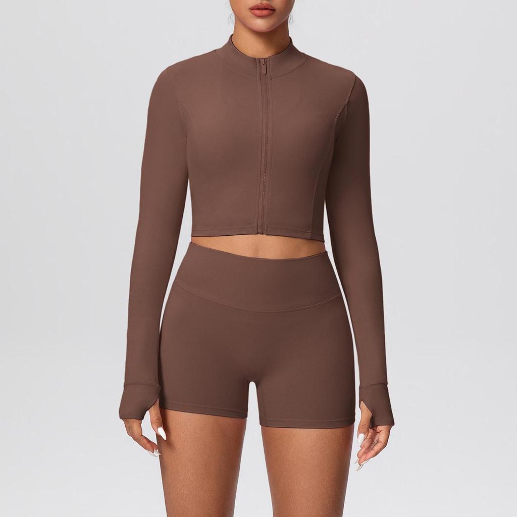 High-Waisted Hip-Lift Sports Shorts & Zip Jacket Yoga Set - Nude Feel for Casual Run & Fitness
