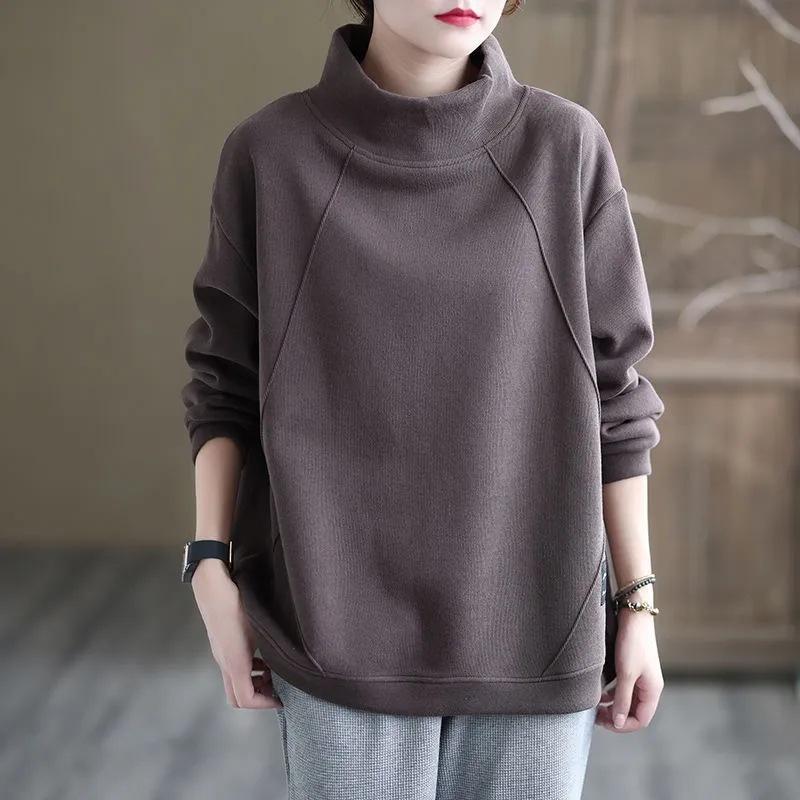 

Женская толстовка 2025 Осень и Зима Однотонная Свободного кроя С полувысоким воротником Пуловер без капюшона С длинным рукавом Топ с толстым вельветом 3XL коричневый
