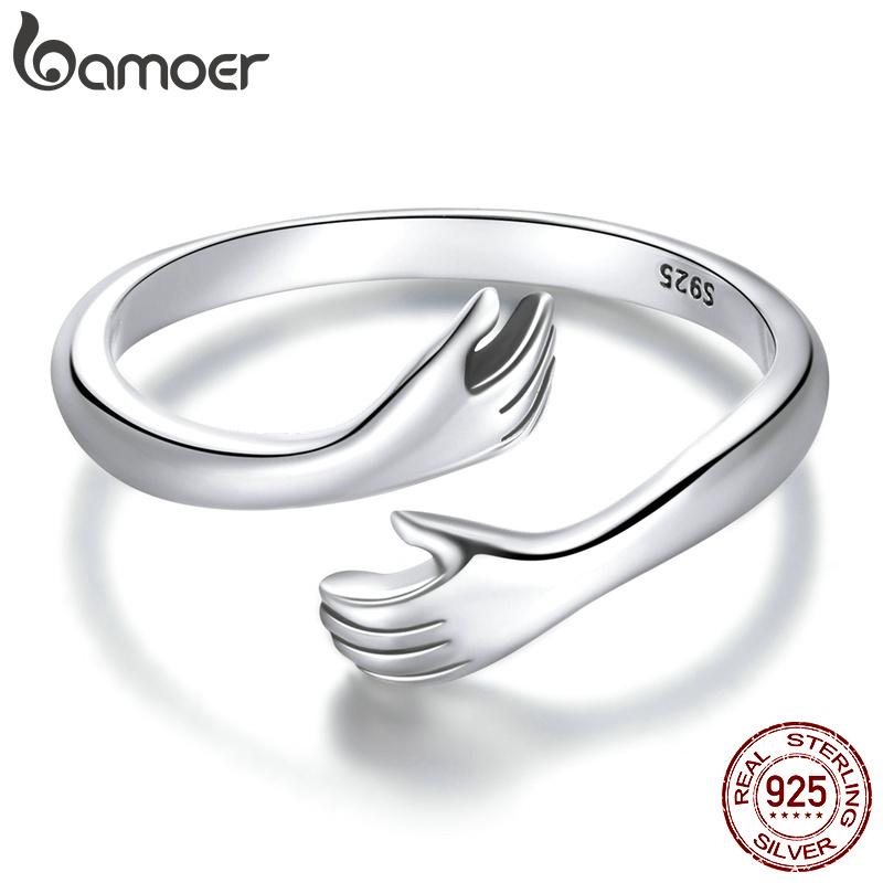 BAMOER 925 Silver Hug Open Ring Warm Love Hand Adjustable Glossy Ring for Women, His Big Loving Family Party Gift