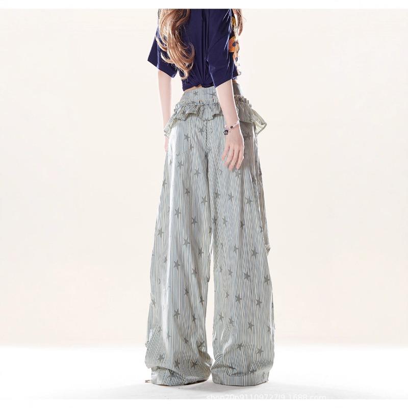 Summer Casual Pleated Striped Stars Full Print Overalls Women's Wide Leg Mopping Belt Dancing Pants